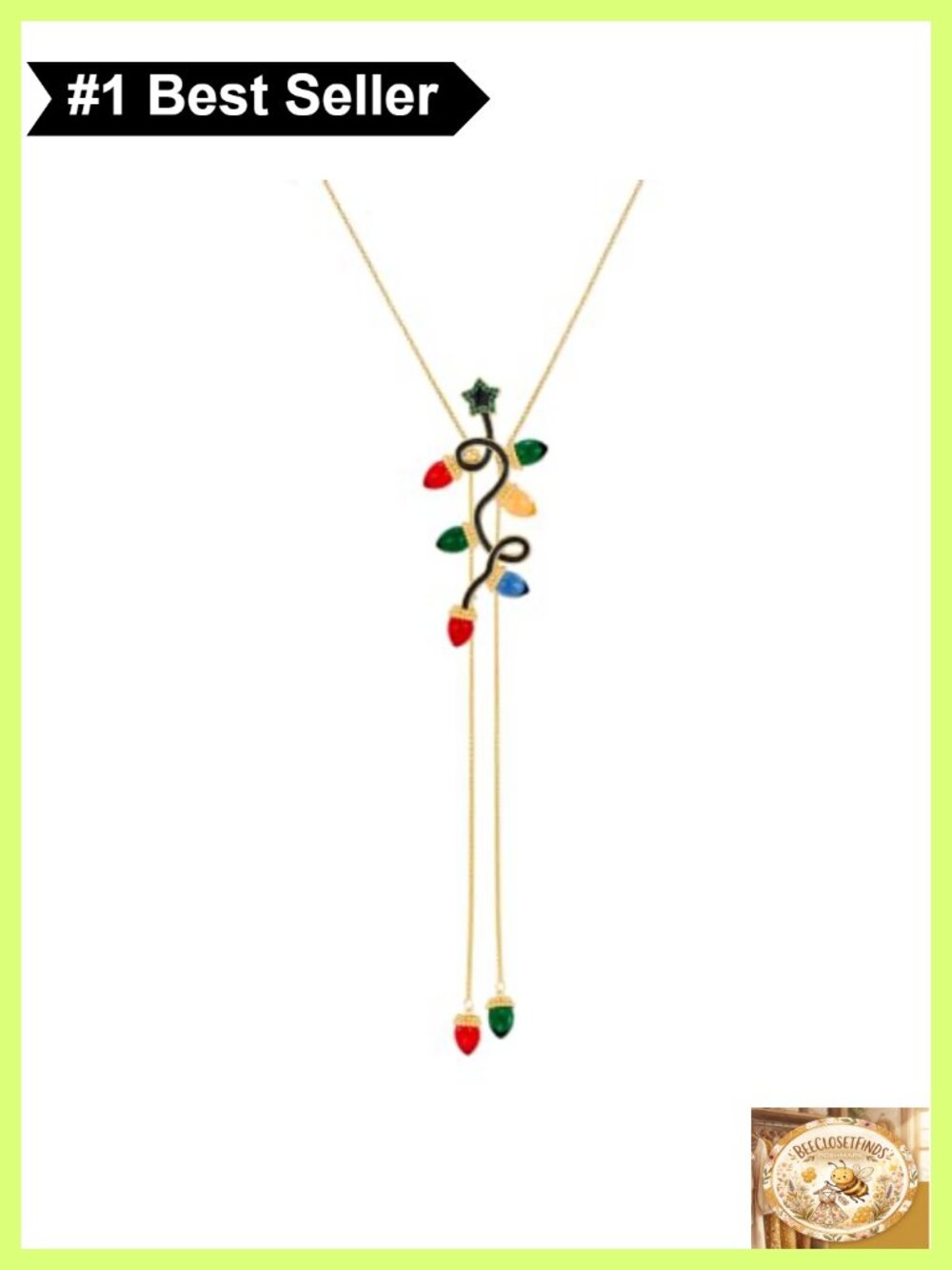 Gold Tone Christmas Bulb Lariat Necklace Adjustable Slip Chain